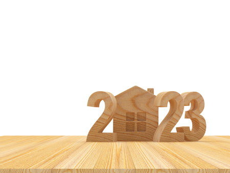 Number 2023 with wooden house on white. 3d illustrationの写真素材