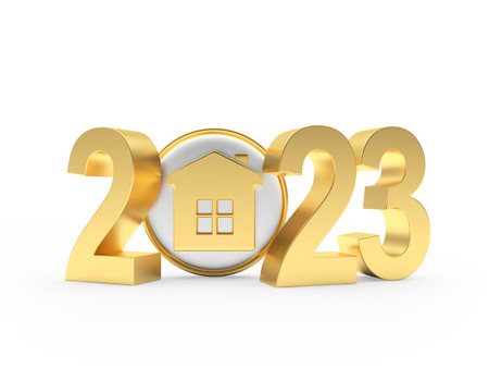 Golden number 2023 with house. 3D illustrationの写真素材