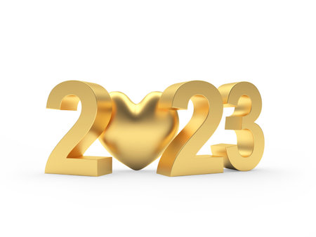 Golden heart with New Year's number 2023 on white. 3D illustrationの写真素材