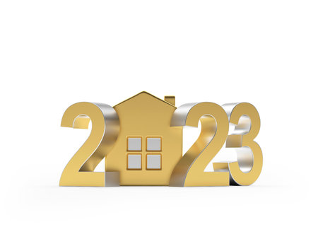 Golden real estate concept icon of 2023 New Year. 3D illustrationの写真素材