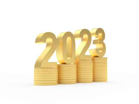 Stacks of gold coins with the number 2023 on them. 3D illustrationの写真素材