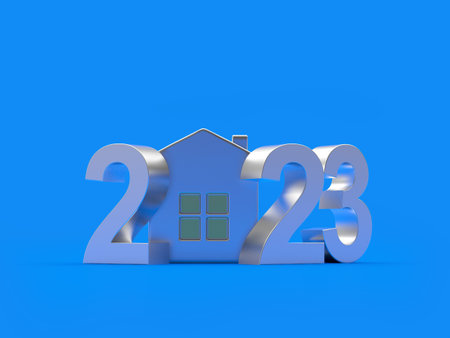 Silver number 2023 with house icon on blue. 3d illustrationの写真素材