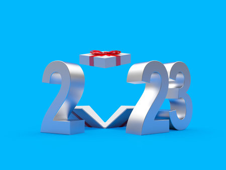 Open gift box with silver number 2023 on blue. 3D illustrationの写真素材