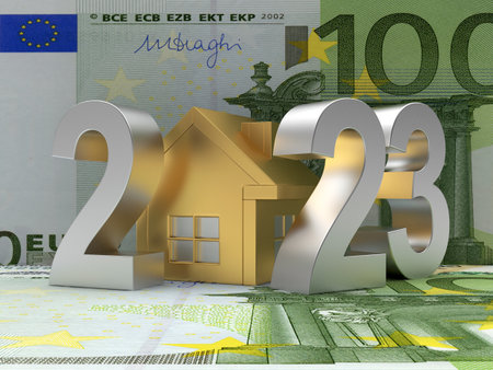 Golden house with number 2023 on euro banknotes. 3D illustrationの写真素材