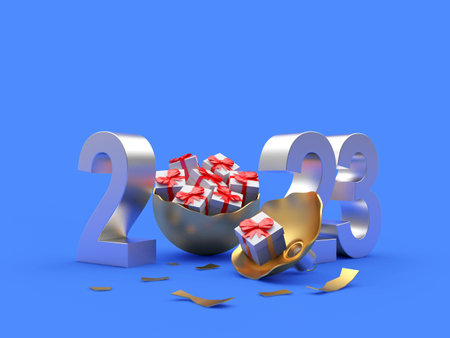 Christmas gifts in a broken ball with the number 2023 of the New Year on blue. 3D illustrationの写真素材