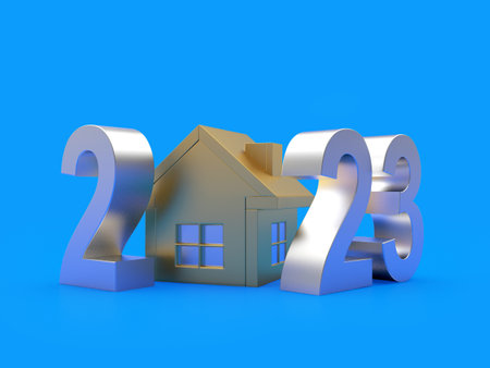 Golden house figurine with silver numbers 2023 New Year on blue. 3D illustrationの写真素材