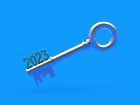 Silver key with the number 2023 on a blue background. 3D illustrationの写真素材