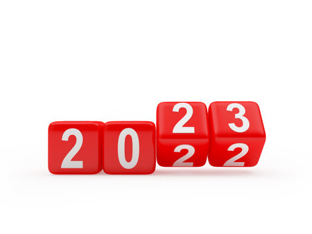 Red dice with changing number 2023. 3D illustrationの写真素材
