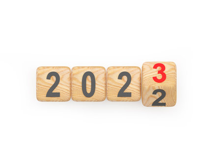 Changing the number of New Year 2022 on 2023 on wooden playing cubes. 3D Illustrationの写真素材