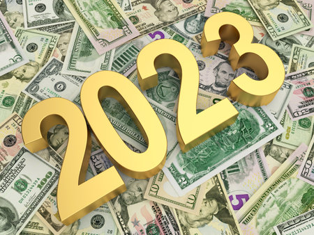 Golden number 2023 on dollar bills. 3D illustrationの写真素材