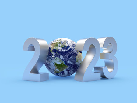 Silver number 2023 with planet Earth. Elements of this image courtesy of NASA. 3d illustrationの写真素材