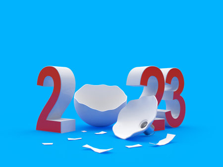 The number 2023 with an empty broken Christmas ball on blue. 3D Illustrationの写真素材
