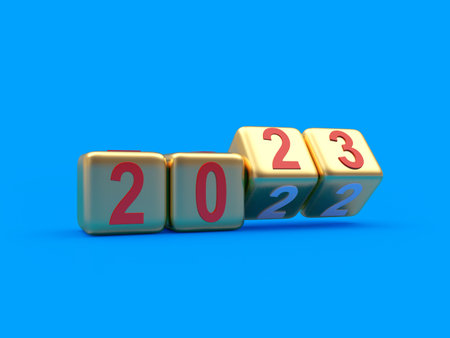 The number 2023 changed to 2022 on golden dice on a blue background. 3D illustrationの写真素材
