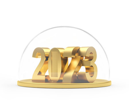 Golden number 2023 with a stack of coins on a tray with a lid. Savings concept. 3D illustrationの写真素材