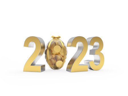 New year 2023 golden figures with coins isolated on white. 3D illustrationの写真素材