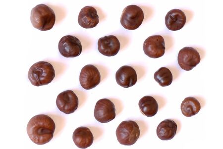 a few brown chestnuts are on a white backgroundの写真素材