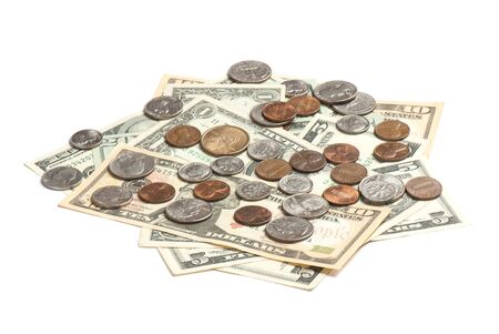 stack of money on white isolated background.  Studio photo.の写真素材
