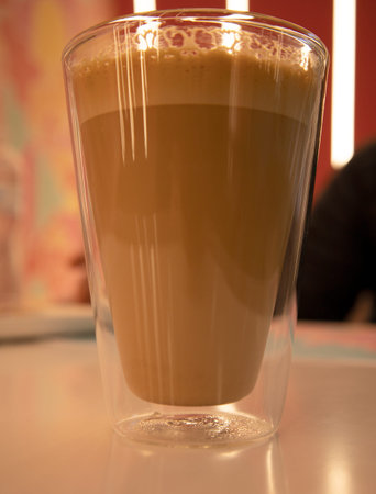 a cup of coffee on the table in a transparent glass, cappuccino, latte