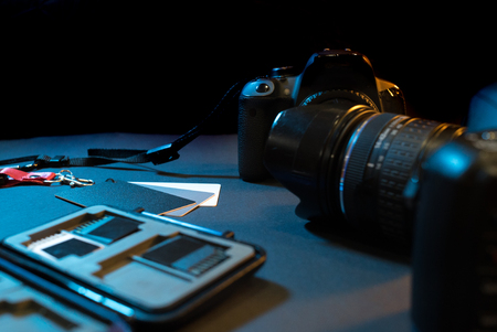 photographic equipment on a tableの写真素材