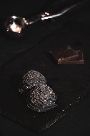Chocolate  ice cream, restaurant. On dark backgroundの写真素材