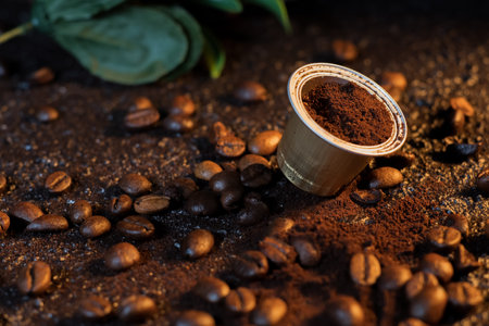 Espresso coffee capsules on wood background with some roasted coffee beans