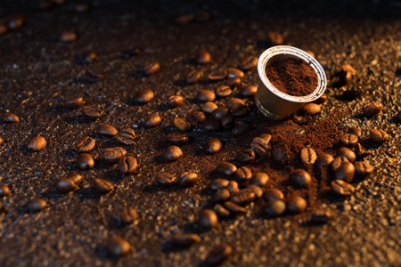 Espresso coffee capsules on wood background with some roasted coffee beans