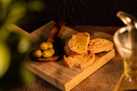 Healthy breakfast. Olive oil toast on black background top view. Spanish food