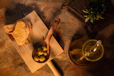 Healthy breakfast. Olive oil toast on black background top view. Spanish foodの写真素材