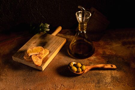 Healthy breakfast. Olive oil toast on black background top view. Spanish foodの写真素材