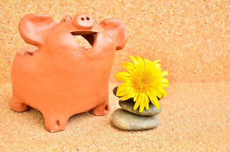 One Pig statues laugh near flower .の写真素材