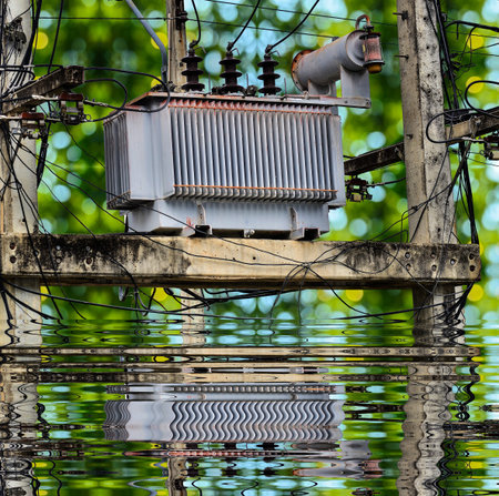 High voltage power transformer on green bokey and reflect background