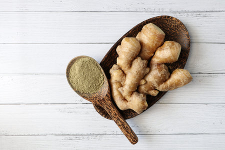 Ginger herbal herb top view background