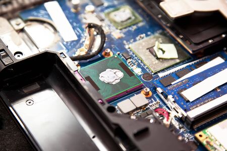 Laptop motherboard videocard and processorinside viewの写真素材