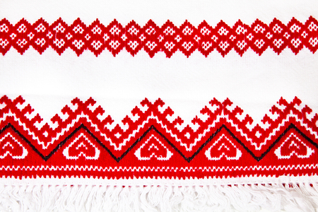 Ukrainian national red ornament embroidery closeupの写真素材