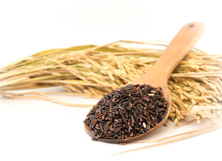 Black rice (Berry rice) on Wood Ladle .の写真素材