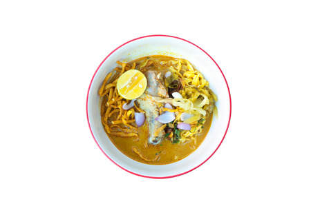 Noodle  Khao Soi thai food style  on white background,food style Northern Thailand ,Isolated on whiteの写真素材