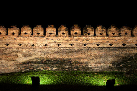 Walls of Ancient City at Night at chiangmai city thailand ,old Brick wall at night