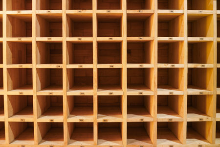 Empty wooden square shelves slots, Rectangular wooden block, Squares Blank wooden shelf.