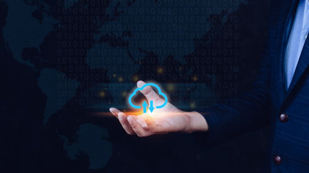 Businessman holding and giving virtual cloud icon computing with world map background to transfer...