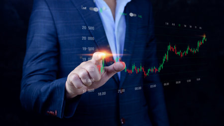 Businessman finger touch symbol stock graph and chart background, concept growth and development...