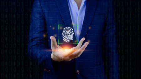 Businessman using showing scanning fingerprint, Biometric identity and authorization futuristic...
