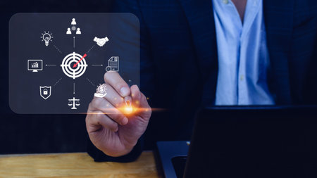 Hand pointing the icon virtual screen of Digital target marketing advertising and sales increase...
