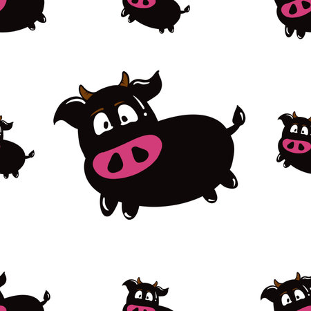 Seamless pattern black pig with pink nose cartoon isolated on white.textile fabric print illustration used for backgroundの写真素材