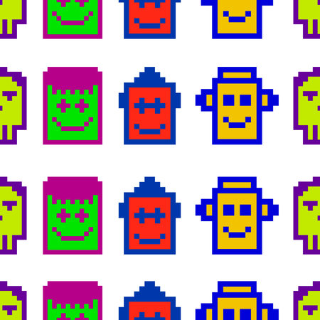 Seamless pattern pixel art , Monsters and robots. Cartoon pixel skull icons illustration.