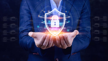 Computer network protection, secure and safe your data concept, businessman holding shield...