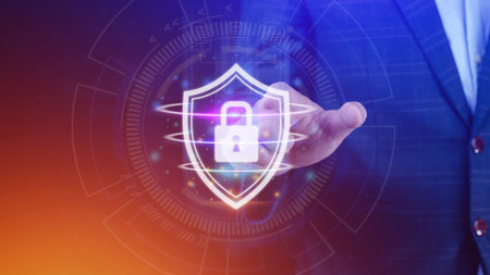 Computer network protection, secure and safe your data concept, businessman holding shield protection icon, Security shield Lock Security Businessman Protect Conceptの写真素材
