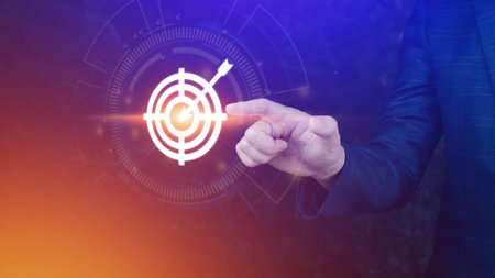 Businessman touching virtual dartboard with arrow ,Business Achievement objective target concept.for setup business objective target concept.の写真素材