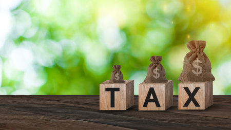 Wooden blocks with the words Tax and US dollar money bag and coins, Taxes payment concept. Tax evasion. Taxation. Business and finance.の写真素材