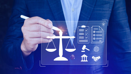 Justice and law concept, Legal advice, businessman holding scales digital hologram Labor Law sign,...