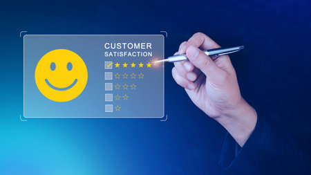 User gives rating to service experience on online application, Customer review satisfaction feedback survey concept, Customer can evaluate quality of service leading to reputation ranking of business.の写真素材